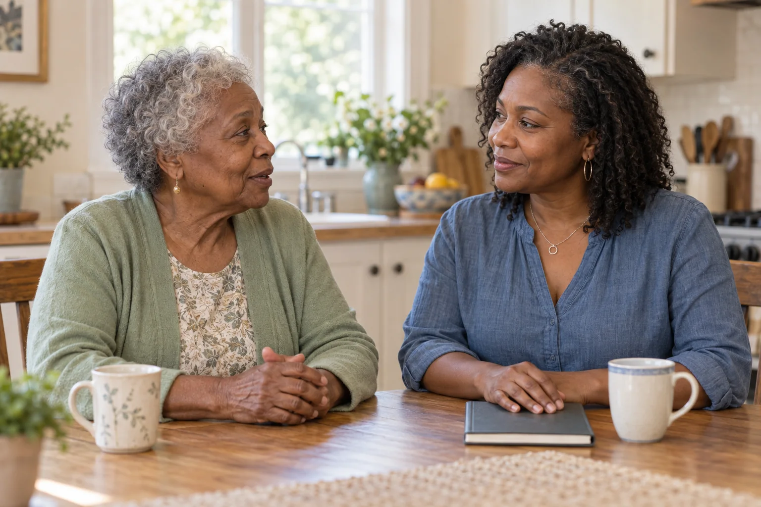Illustrative scene of an older adult and a family caregiver having a relaxed conversation at home.